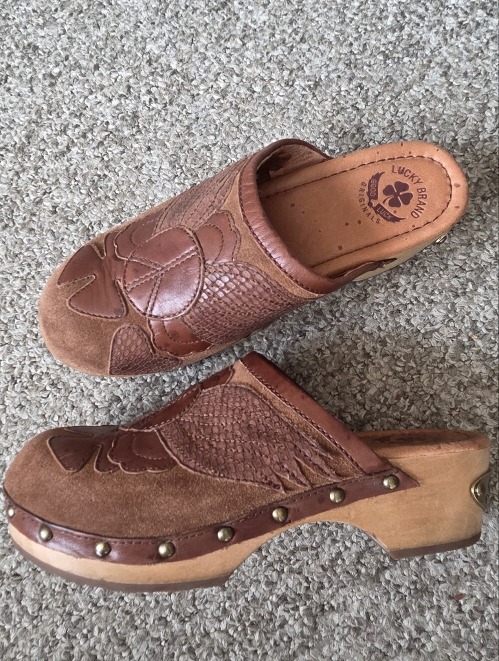 Vtg Lucky Brand Women's Lilac Brown Leather Peace Suede Sign Slip On Clogs Sz 7M